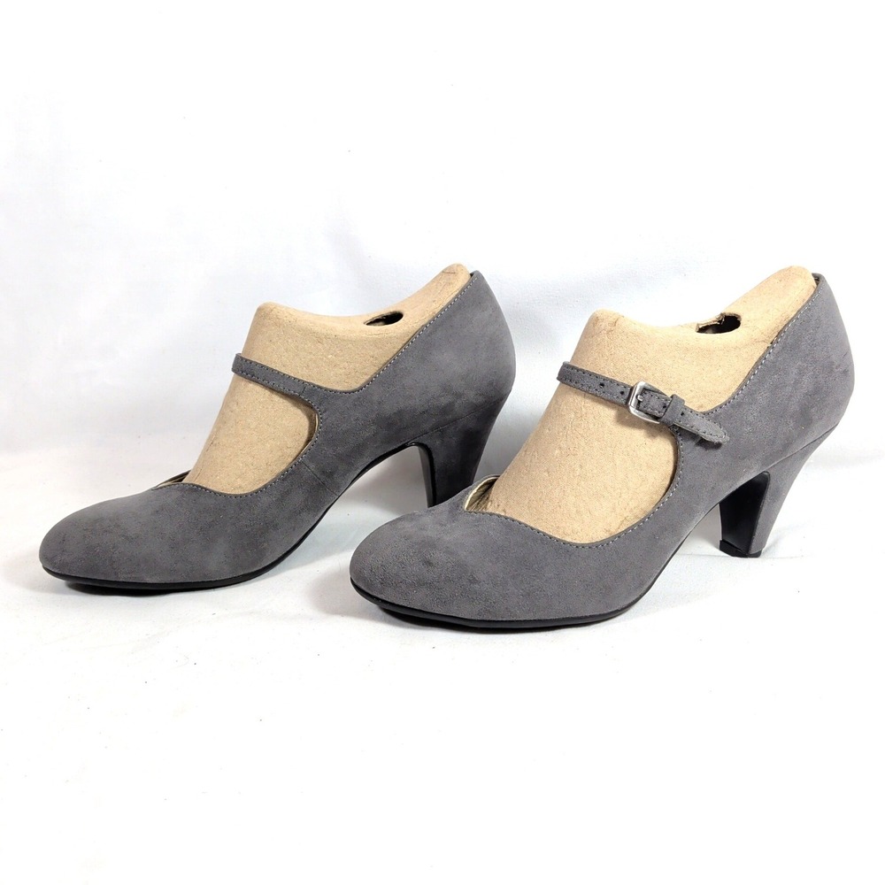 Naturalizer Gray Mary Jane Heels; Suede Faux Leather Round Toe Buckle Strap